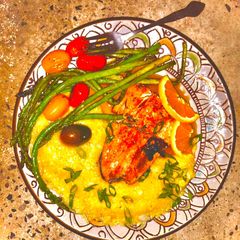 A picture of Easy grilled salmon with creamy polenta and veggies.