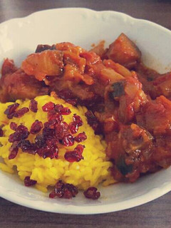 A picture of Aubergine Sauce with Saffron Rice.