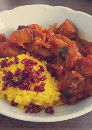 A picture of Aubergine Sauce with Saffron Rice.