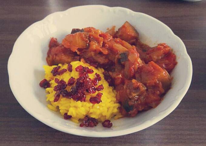 Aubergine Sauce with Saffron Rice