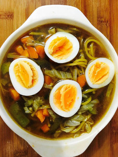 A picture of Veg Ramen noodles with eggs.