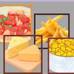 A picture of Ravioli, fries, corn and cheese dish.