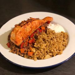 Curried salmon, spiced cauliflower “rice” and lentil daal A picture of Curried salmon, spiced cauliflower “rice” and lentil daal.
