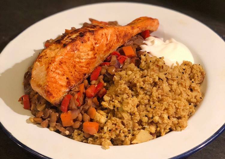 Homemade Curried salmon, spiced cauliflower “rice” and lentil daal