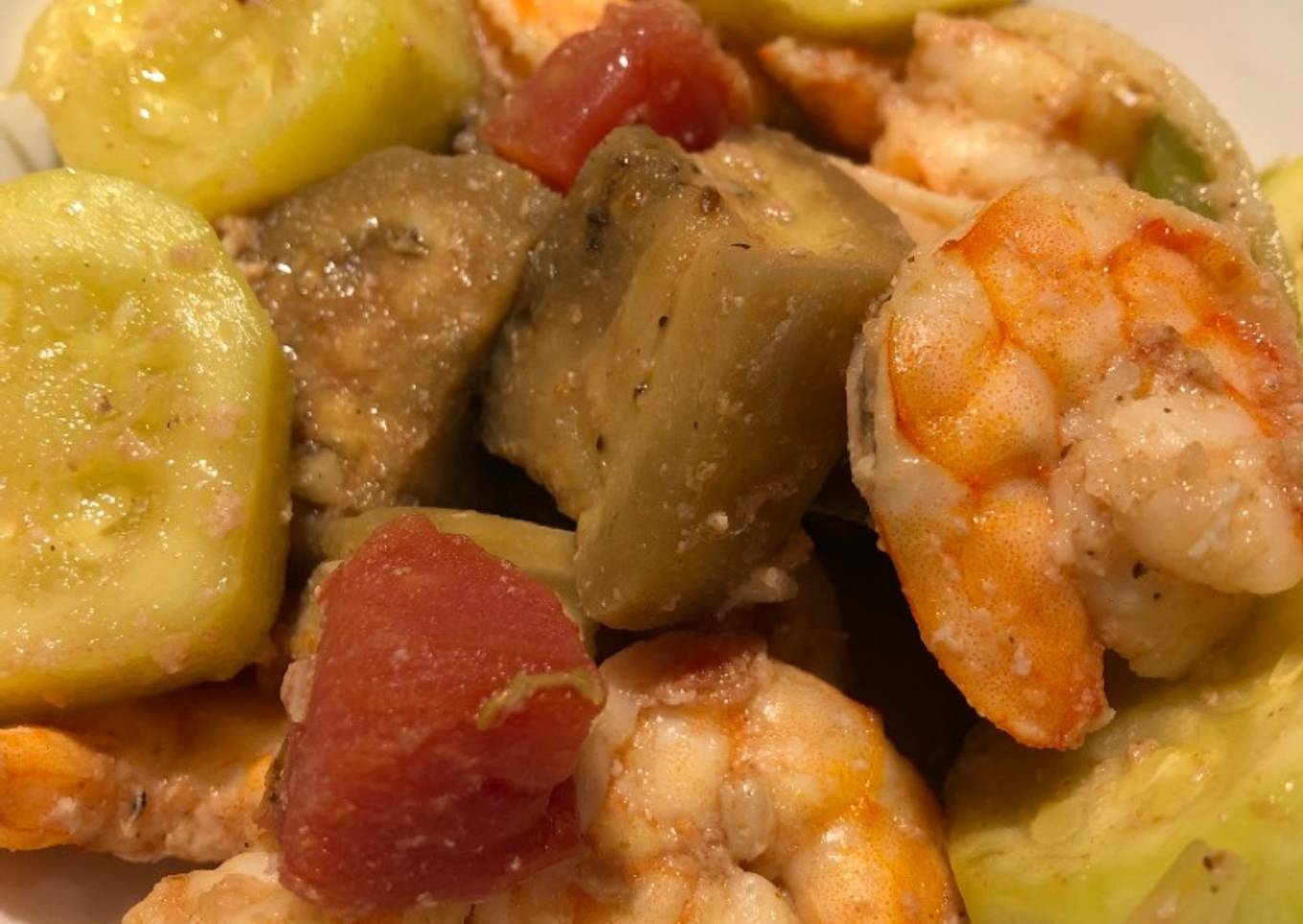 Grilled cajun eggplant, 🍆, shrimp, zucchini