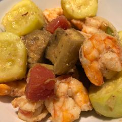 A picture of Roasted Cajun Eggplant, 🍆, Shrimp 🍤 and Zucchini.