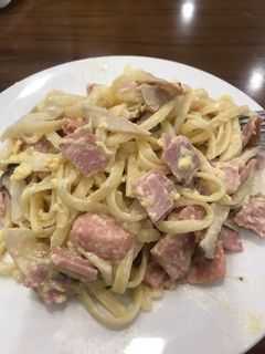 A picture of Spaghetti with Creamy Cheese and Ham Sauce.