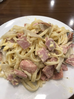 A picture of Spaghetti with Creamy Cheese and Ham Sauce.