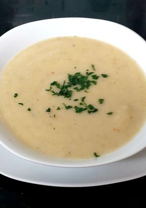 A picture of My Creamy Red Peppered Cauliflour? Leek & Potato Soup.