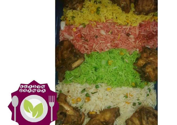 White,green,pink,yellow rice