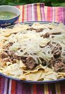 A picture of Beshbarmak (boiled meat with noodles) (Kazakhstan).