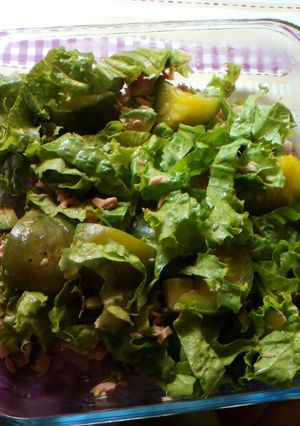 Una foto de Ensalada de atún con lechuga, palta y zapallito