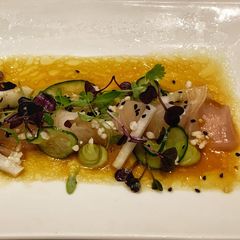 A picture of Cured Kingfish with Avocado Pickled Jicama.