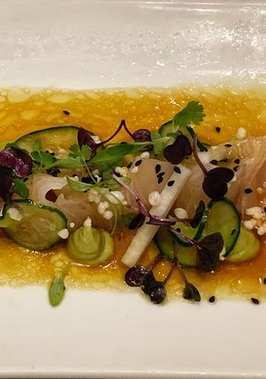 A picture of Cured Kingfish with Avocado Pickled Jicama.