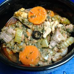 A picture of Slow simmered lamb, pork, chorizo, with vegetables.