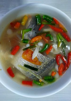 A picture of Tom Yum with Sea Bass.