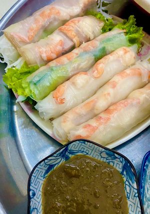 A picture of Vietnamese Fresh Spring Rolls with Fermented Anchovy Dipping Sauce.