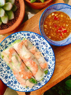A picture of Shrimp and Pork Spring Rolls with Fermented Anchovy Dipping Sauce.