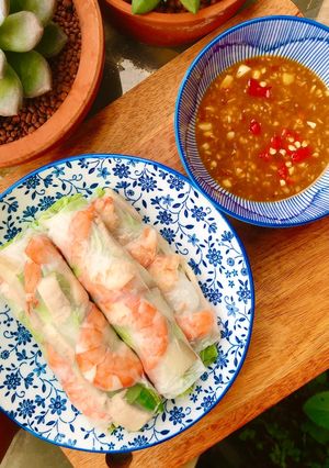 A picture of Shrimp and Pork Spring Rolls with Fermented Anchovy Dipping Sauce.