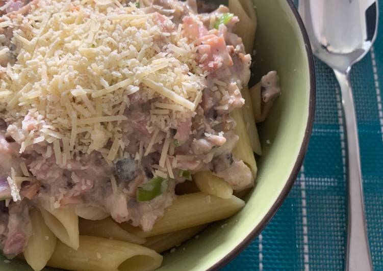 Pasta con salsa de champiñones, jamón, tocino y crema agria