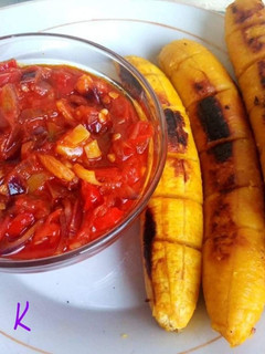 A picture of Oven grilled plantain with sauce.