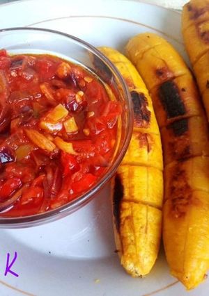 A picture of Oven grilled plantain with sauce.