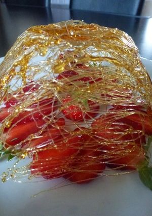Une photo de Carpaccio de fraises et sa cage dorée