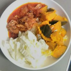 A picture of Rice and pumpkin with chicken stew.