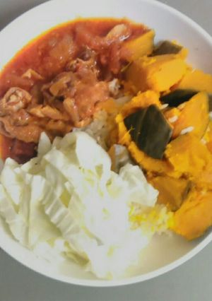 A picture of Rice and pumpkin with chicken stew.