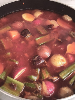 A picture of Beef vegetable stew with Korean chili oil twist.