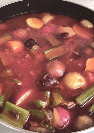 A picture of Beef vegetable stew with Korean chili oil twist.