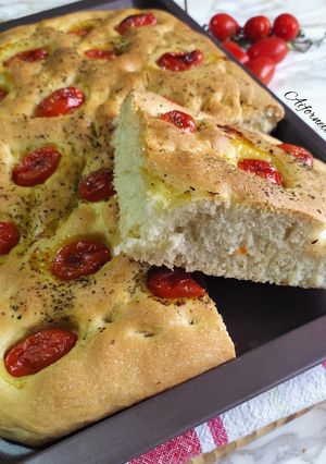 A picture of Focaccia with Cherry Tomatoes and Oregano.