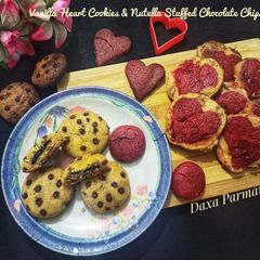 A picture of Vanilla Heart Cookies & Nutella Stuffed Chocolate Chips Cookies.
