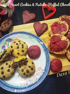 A picture of Vanilla Heart Cookies & Nutella Stuffed Chocolate Chips Cookies.
