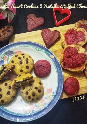 A picture of Vanilla Heart Cookies & Nutella Stuffed Chocolate Chips Cookies.