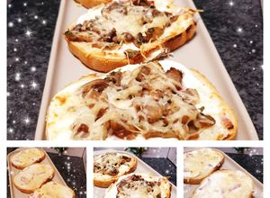 Une photo de Tartines bruschettas crème lardons gruyère râpé parmesan ou cheddar et champignons