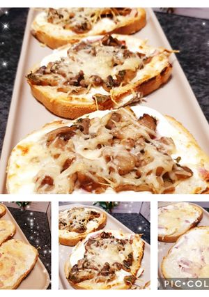 Une photo de Tartines bruschettas crème lardons gruyère râpé parmesan ou cheddar et champignons