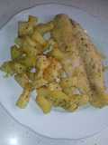 Panga rebozada al horno con patatas al microondas