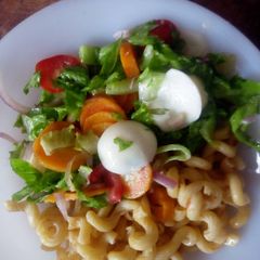 A picture of Pasta twist with Vegetable salad.