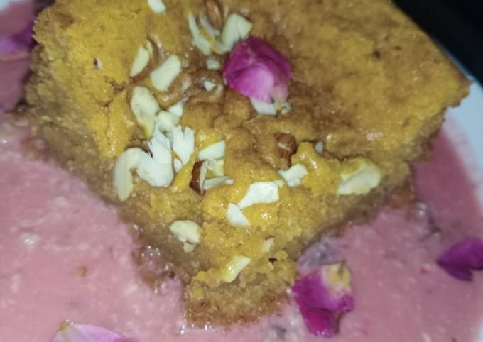 Mawa cake in rose flavoured rabri