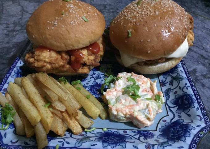 Zinger burger with mayo salad and French fries