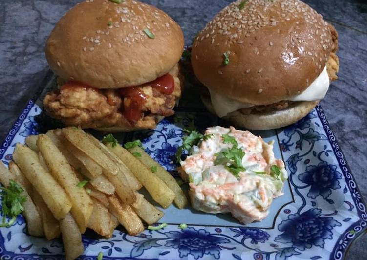 Recipe of Homemade Zinger burger with mayo salad and French fries