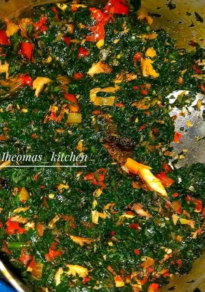 A picture of HOW TO PREPARE DELICIOUS VEGETABLE SAUCE WITH UGU  #iheomas_kitchen #ugu #vegetablesaucewithpalmoil.