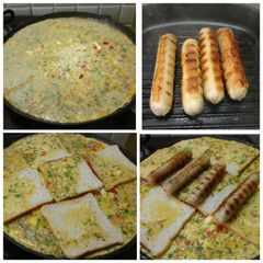 A picture of Cheesy omlet with bread and chi. sausages.