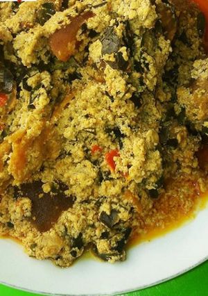 A picture of Egusi soup with goat meat.