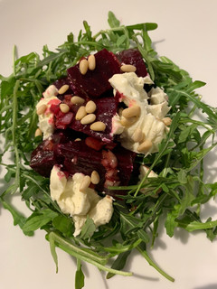 A picture of Beet, Arugula, and Goat Cheese Salad.