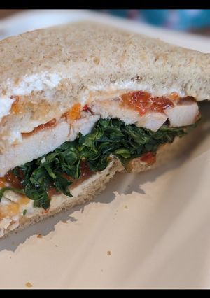A picture of Cream Cheese and Turkey Sandwich with Red Pepper Jelly.