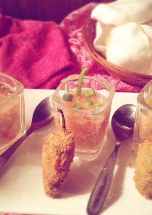A picture of Hot and sour soup with Peri bites.