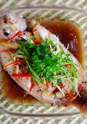 Hình của món Cá điêu hồng hấp nước tương.