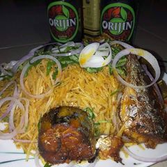 A picture of Abacha with fried titus fish.